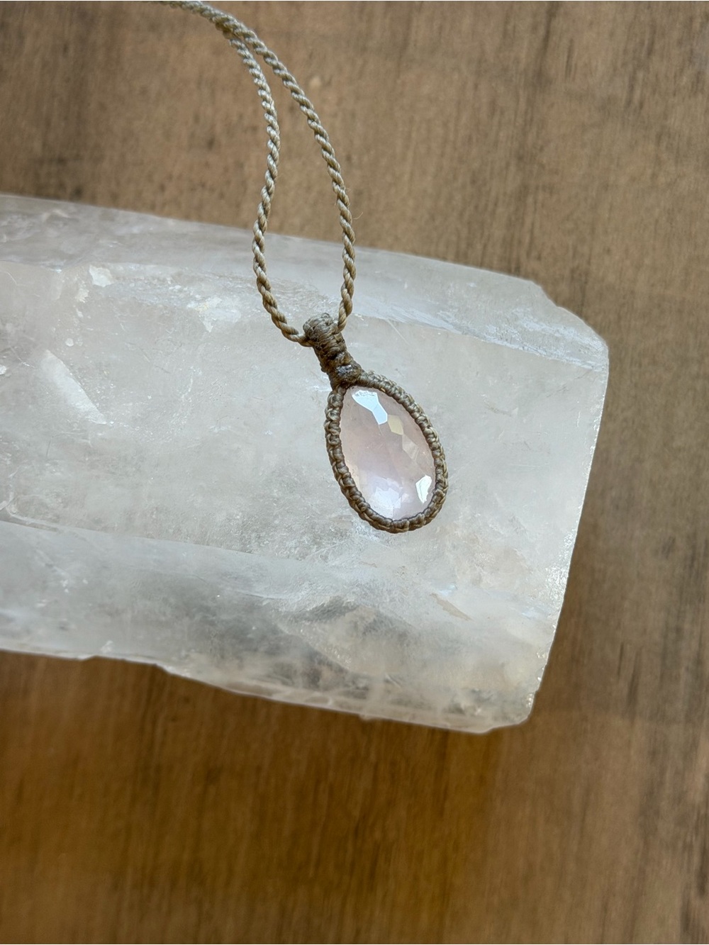 Handmade Rose Quartz Teardrop Pendant Necklace - Neutral Cord